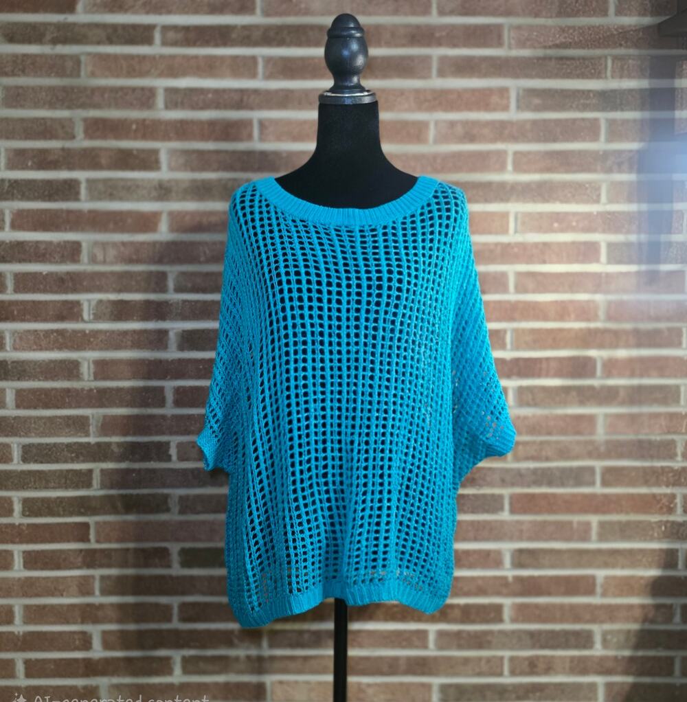Chico's Turquoise Blue Open Knit Dolman Sweater Loose Crochet Shimmer Top SZ M/L